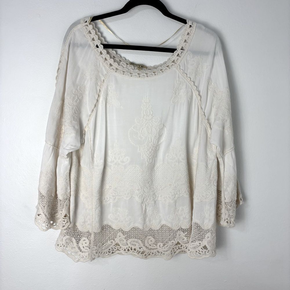 Democracy Cream Boho Lace M Top 3/4 Split Sleeve Embroidered CottageCore Romance